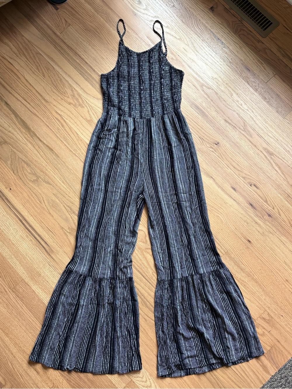 Angie Black Striped Flare Jumpsuit, small